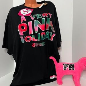 Victoria’s Secret PINK OS Logo 100% Cotton T-shirt Tie Dye Holiday Plaid